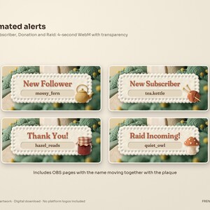 Four animated clay alerts for the Cottagecore stream package: New Follower, New Subscriber, Donation and Raid, each with the viewer's name on a lace plaque, shown over the Just Chatting scene.