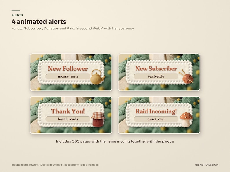 Four animated clay alerts for the Cottagecore stream package: New Follower, New Subscriber, Donation and Raid, each with the viewer's name on a lace plaque, shown over the Just Chatting scene.