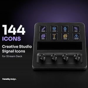 Könnte beinhalten: Eine schwarze Steuerungskonsole mit vier Drehreglern und acht quadratischen Tasten, die farbige Symbole für Brush, Layers, Pen, Crop, Mask, Text, Pages und Export zeigen. Der Text lautet 144 ICONS Creative Studio Signal Icons for Stream Deck.