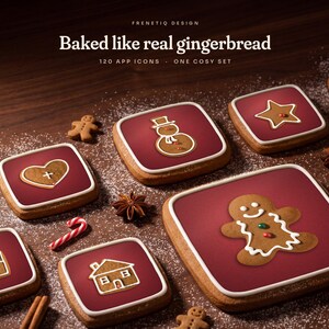 Gingerbread Classic app icons (gingerbread man, house, snowman, gift, heart, star and bauble) set into gingerbread cookie tiles with white icing borders, on dark walnut dusted with powdered sugar.