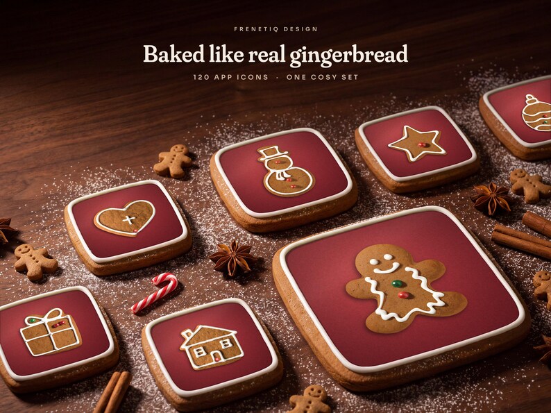 Gingerbread Classic app icons (gingerbread man, house, snowman, gift, heart, star and bauble) set into gingerbread cookie tiles with white icing borders, on dark walnut dusted with powdered sugar.