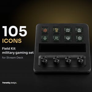 Könnte beinhalten: Ein schwarzer Stream Deck Controller mit acht quadratischen Tasten mit beleuchteten Symbolen, einem horizontalen Display und vier runden Drehreglern. Der Text 105 ICONS Field Kit military gaming set for Stream Deck und frenetiq design. ist sichtbar.