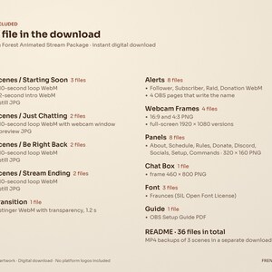 What's included in the Mushroom Forest stream package: 4 animated scenes, a stinger transition, 4 alerts with OBS pages, webcam frames, 8 panels, a chat box frame, the Fraunces font and a PDF setup guide, 36 files.