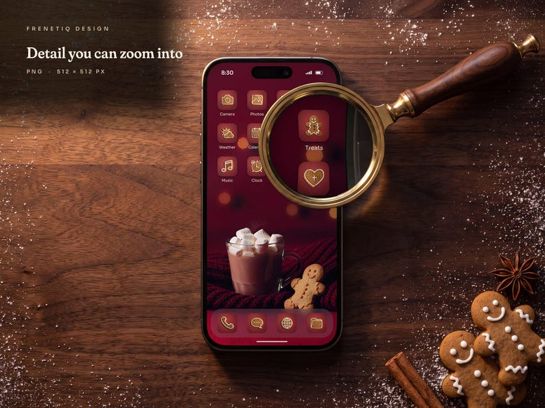 A brass magnifying glass with a walnut handle over a phone on a walnut table, magnifying the Gingerbread Classic gingerbread man icon to show its icing detail.