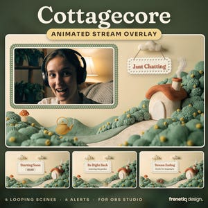 Cottagecore animated stream overlay: Just Chatting scene with a lace webcam frame and a clay cottage, above the Starting Soon, Be Right Back and Stream Ending scenes, with alerts and channel panels at the sides. The webcam person is an AI-generated example.