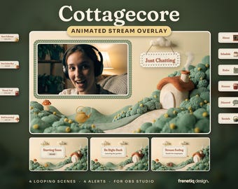 Animated Stream Overlay Cottagecore, 4 Scenes 4 Alerts 8 Panels Webcam Frames Chat Box for OBS, Cozy Clay Cottage, Streaming Package