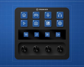 May include: A black Stream Deck control console featuring eight square LCD keys with blue icons, a horizontal touch strip with four additional blue icons, and four circular black rotary dials positioned along the bottom edge.