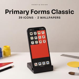 Bauhaus Cream Red Blue Phone Wallpaper & App Icons, 39 Icons 2 Wallpapers iPhone Android