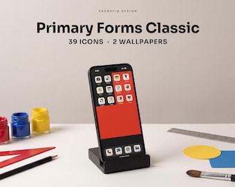 Bauhaus Cream Red Blue Phone Wallpaper & App Icons, 39 Icons 2 Wallpapers iPhone Android