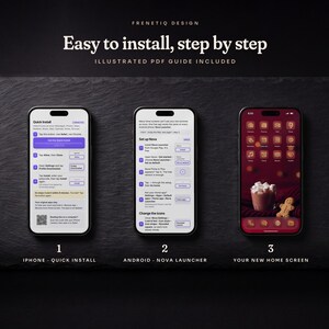 Three phones on dark slate: the illustrated Gingerbread Classic install guide for iPhone Quick Install and for Android with Nova Launcher, and the finished home screen.