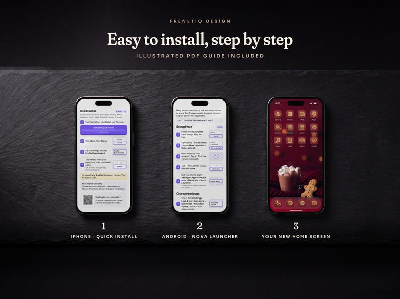 Three phones on dark slate: the illustrated Gingerbread Classic install guide for iPhone Quick Install and for Android with Nova Launcher, and the finished home screen.