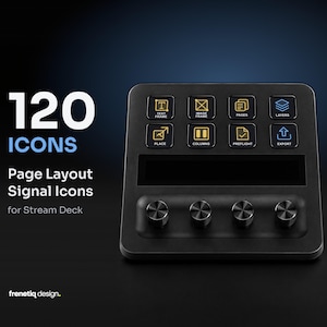 Pode incluir: Um controlador Stream Deck preto com oito botões quadrados com ícones amarelos e azuis para tarefas de layout de página, incluindo text frame, image frame, pages, layers, place, columns, preflight e export, além de quatro botões giratórios.
