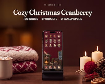 Cozy Christmas Cranberry Red Phone Wallpaper & App Icons, 120 Icons 2 Wallpapers iPhone Android