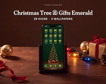 Christmas Emerald Green Tree Phone Wallpaper & App Icons, 39 Icons 2 Wallpapers iPhone Android