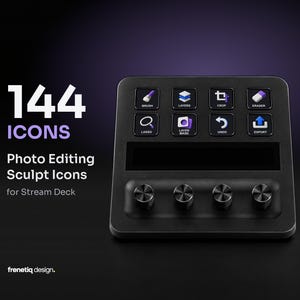 Könnte beinhalten: Eine schwarze Steuerungskonsole mit acht quadratischen Tasten, die violette und weiße Symbole zur Fotobearbeitung zeigen, darunter Pinsel, Ebenen, Zuschneiden, Radierer, Lasso, Ebenenmaske, Rückgängig und Exportieren. Vier schwarze Drehregler.