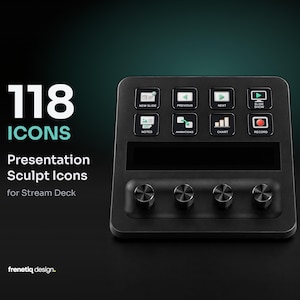 Pode incluir: Um controlador Stream Deck preto com oito botões quadrados com ícones brancos para controles de apresentação e quatro botões giratórios. O texto 118 ICONS Presentation Sculpt Icons for Stream Deck e frenetiq design. é exibido.