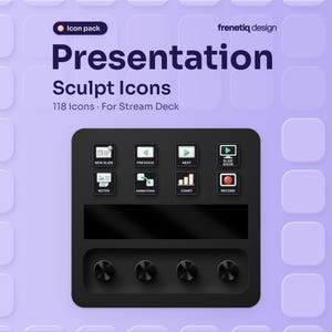 May include: A black Stream Deck device featuring eight square buttons with icons for New Slide, Previous, Next, Slide Show, Notes, Animations, Chart, and Record, plus four circular knobs, set against a light purple background with text.
