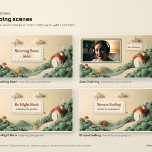 The four animated scenes of the Cottagecore stream package: Starting Soon with a countdown space, Just Chatting with a camera window, Be Right Back and Stream Ending, each a seamless 8-second loop.