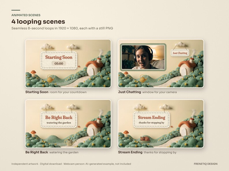 The four animated scenes of the Cottagecore stream package: Starting Soon with a countdown space, Just Chatting with a camera window, Be Right Back and Stream Ending, each a seamless 8-second loop.