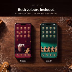 Two phones on a walnut table with gingerbread cookies: Gingerbread Classic with cranberry red icons and Gingerbread Candy with fir green icons. Both colours are included through the All Colours PDF.