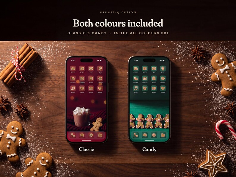 Two phones on a walnut table with gingerbread cookies: Gingerbread Classic with cranberry red icons and Gingerbread Candy with fir green icons. Both colours are included through the All Colours PDF.