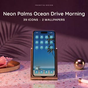 Miami Ocean Blue Neon Palms Phone Wallpaper & App Icons, 39 Icons 2 Wallpapers iPhone Android