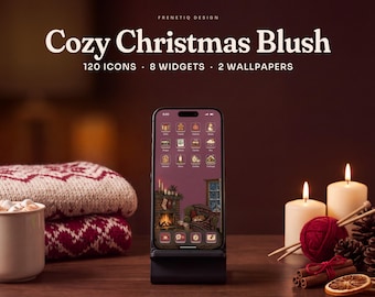 Cozy Christmas Blush Pink Phone Wallpaper & App Icons, 120 Icons 2 Wallpapers iPhone Android