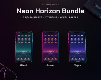 Synthwave Bundle 3 Colors Phone Wallpaper & App Icons, 117 Icons 6 Wallpapers iPhone Android