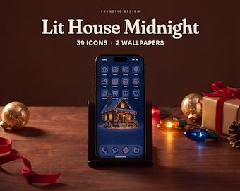Christmas Midnight Lit House Phone Wallpaper & App Icons, 39 Icons 2 Wallpapers iPhone Android
