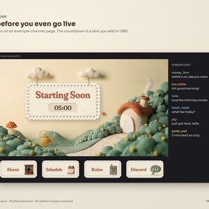 Cottagecore stream overlay in a live stream: Starting Soon scene with a lace sign under clay clouds and a cottage on sage hills, stream chat and four channel panels below. Example channel page; the countdown is added in OBS.