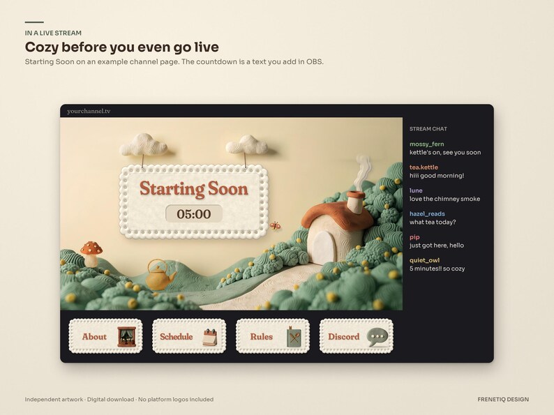 Cottagecore stream overlay in a live stream: Starting Soon scene with a lace sign under clay clouds and a cottage on sage hills, stream chat and four channel panels below. Example channel page; the countdown is added in OBS.