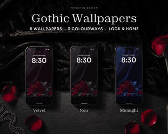 Gothic Phone Wallpaper Pack, 6 Wallpapers in 3 Colors Lock and Home Screen for iPhone and Android, Moody Goth Rose Velvet, Digital Download