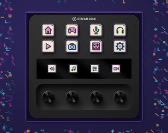 May include: A black Stream Deck controller featuring a grid of twelve square buttons with pixel art icons, including a house, game controller, microphone, headphones, play button, camera, grid, gear, speaker, music note, sliders, and video camera.
