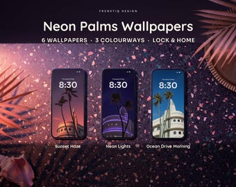 Neon Palms Phone Wallpaper Pack, 6 Wallpapers in 3 Moods Lock and Home Screen for iPhone and Android, 80s Neon Miami Beach, Digital Download