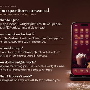 Gingerbread Classic phone theme by Frenetiq Design, frequently asked questions: what the instant download includes, that it works on iPhone and Android (Android with the free Nova Launcher), that there is no app to buy (on iPhone Quick Install adds 9 icons and the built-in Shortcuts app does the rest) and how the widget pictures work, and help on Etsy if something doesn't work. Beside the text, a phone shows the Gingerbread Classic home screen.