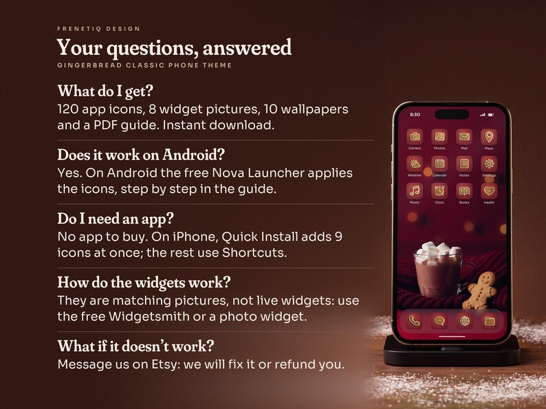 Gingerbread Classic phone theme by Frenetiq Design, frequently asked questions: what the instant download includes, that it works on iPhone and Android (Android with the free Nova Launcher), that there is no app to buy (on iPhone Quick Install adds 9 icons and the built-in Shortcuts app does the rest) and how the widget pictures work, and help on Etsy if something doesn't work. Beside the text, a phone shows the Gingerbread Classic home screen.