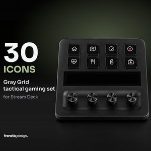 Stream Deck Icon Pack – Gray Grid Tactical, 30 FPS Gaming Icons, English, Italian & Symbol Only