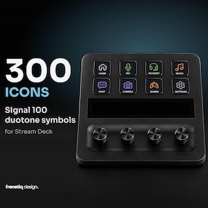 Puede incluir: Una consola de control negra con ocho botones cuadrados con iconos coloridos para home, mic, headset, music, chat, camera, games y settings, además de cuatro perillas circulares. El texto dice 300 ICONS Signal 100 duotone symbols for Stream Deck.