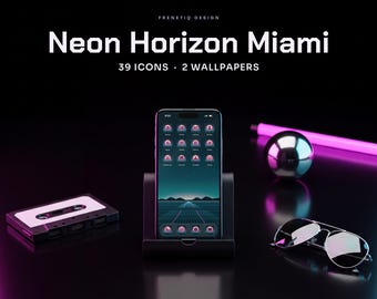 Synthwave Teal Pink Miami Phone Wallpaper & App Icons, 39 Icons 2 Wallpapers iPhone Android