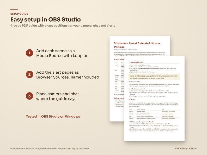 Setup guide for OBS Studio included with the Mushroom Forest stream package: a PDF with exact positions and three steps to add the looping scenes, the alert pages and your camera and chat.