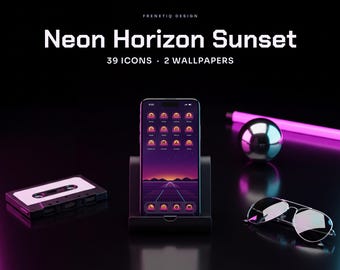 Synthwave Pink Purple Sunset Phone Wallpaper & App Icons, 39 Icons 2 Wallpapers iPhone Android