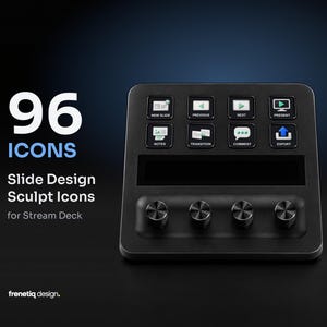 Pode incluir: Um controlador Stream Deck preto com oito botões quadrados com ícones brancos para design de slides, incluindo etiquetas como New Slide, Previous, Next, Present, Notes, Transition, Comment e Export, ao lado de quatro botões de controle pretos.