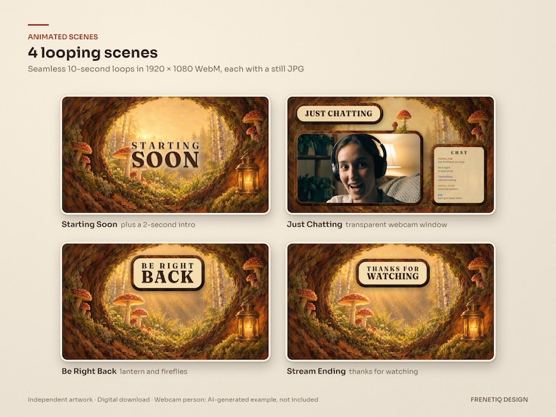 The four animated scenes of the Mushroom Forest stream package: Starting Soon, Just Chatting with a webcam window, Be Right Back and Stream Ending, each a seamless 10-second loop in a painted hollow tree.