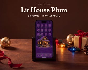 Christmas Plum Lit House Phone Wallpaper & App Icons, 39 Icons 2 Wallpapers iPhone Android