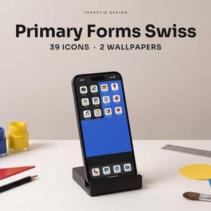 Bauhaus White Blue Swiss Phone Wallpaper & App Icons, 39 Icons 2 Wallpapers iPhone Android