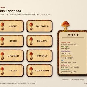 Eight wooden channel panels with a fly agaric mushroom (About, Schedule, Rules, Donate, Discord, Socials, Setup, Commands) and a bark chat box frame with example chat lines, from the Mushroom Forest stream package.