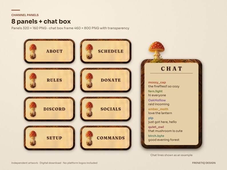 Eight wooden channel panels with a fly agaric mushroom (About, Schedule, Rules, Donate, Discord, Socials, Setup, Commands) and a bark chat box frame with example chat lines, from the Mushroom Forest stream package.