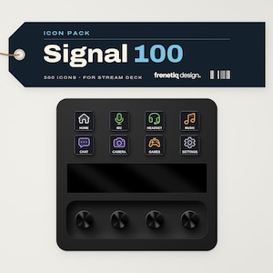 May include: A dark blue rectangular tag labeled Signal 100 with 300 icons for Stream Deck by frenetiq design. Below is a black control console featuring eight square buttons with colorful icons and four circular knobs at the bottom.