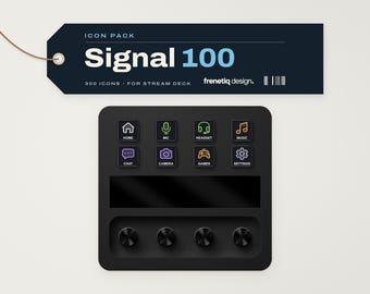May include: A dark blue rectangular tag labeled Signal 100 with 300 icons for Stream Deck by frenetiq design. Below is a black control console featuring eight square buttons with colorful icons and four circular knobs at the bottom.