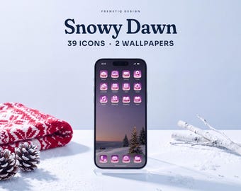 Christmas Lilac Purple Snowy Phone Wallpaper & App Icons, 39 Icons 2 Wallpapers iPhone Android
